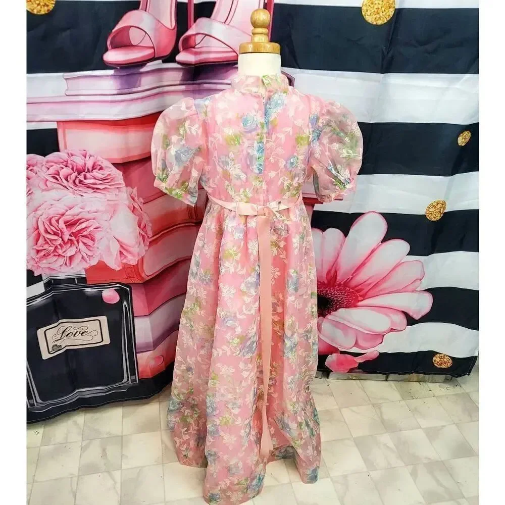 Vintage youth formal dress pink polyester